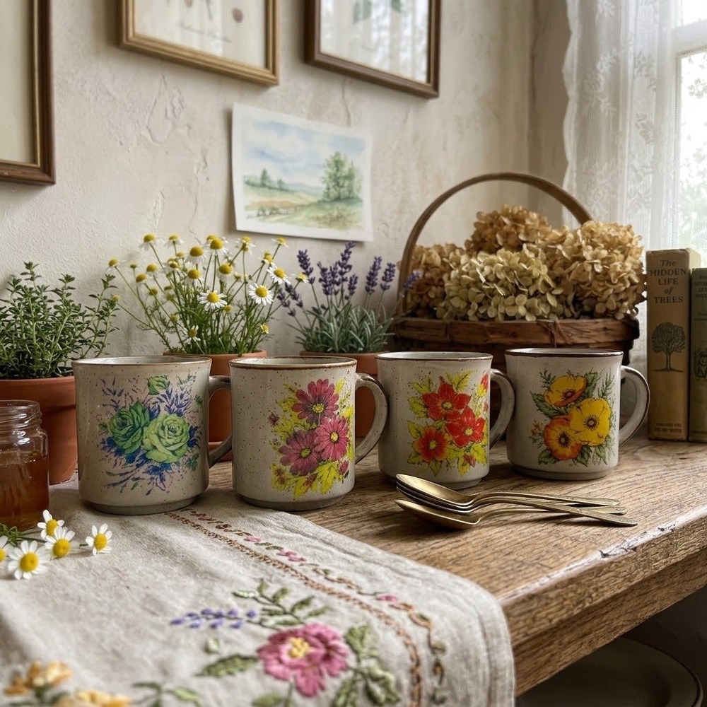 Vintage | Set of 4 Multicolor Floral Speckled Ceramic Coffee Mugs